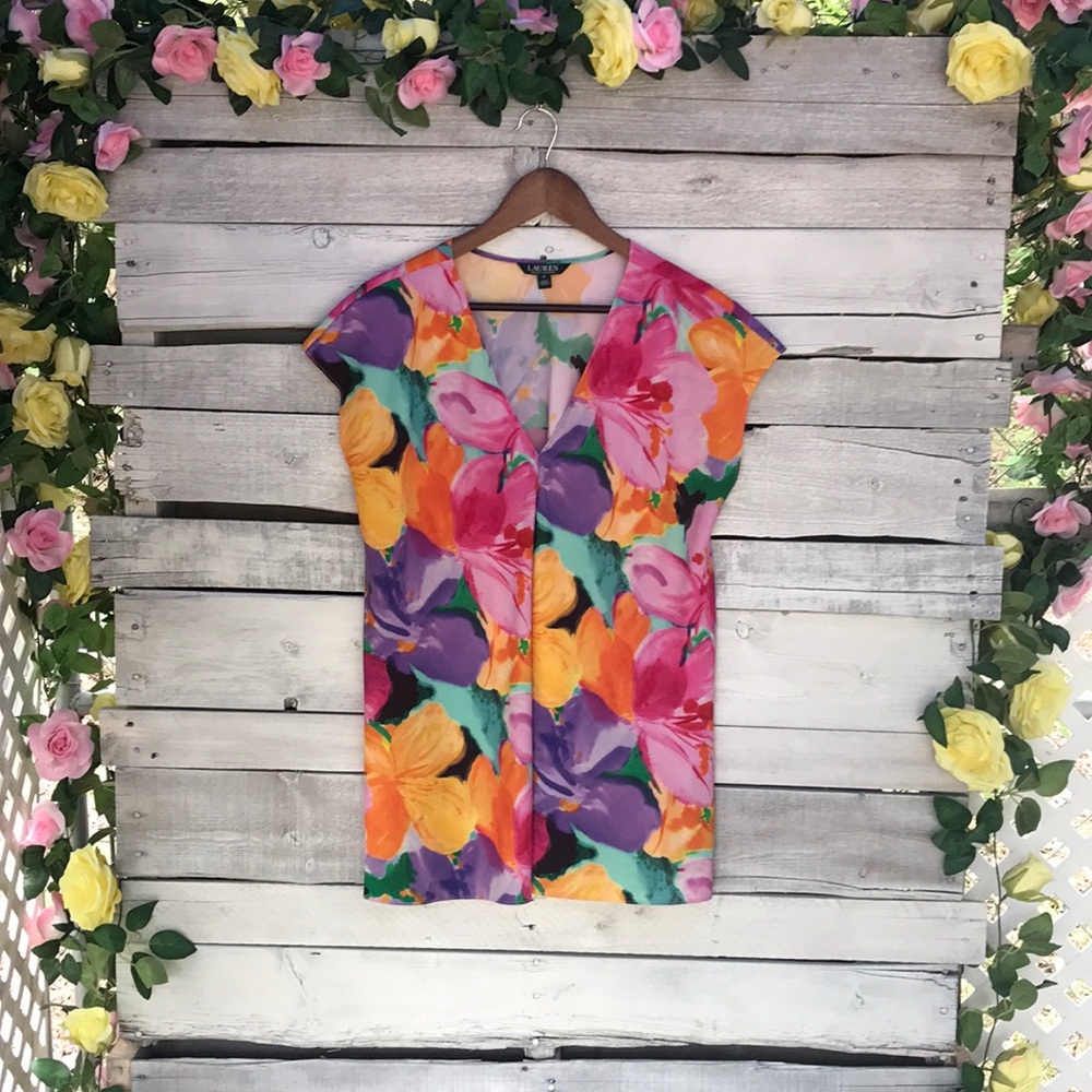 Lauren Ralph Lauren Women’s Sz M Floral V-Neck Sleeveless Tunic Blouse